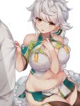  1boy 1girl admiral_(kantai_collection) asymmetrical_hair bare_shoulders between_breasts between_legs braid breasts cleavage_cutout cloud_print crop_top from_above hair_ornament hand_between_legs height_difference jitome kantai_collection large_breasts light_smile long_hair looking_at_another midriff remodel_(kantai_collection) silver_hair single_braid sitting thigh-highs unryuu_(kantai_collection) very_long_hair yamaarashi yellow_eyes zettai_ryouiki 