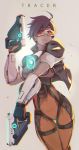  1girl black_hair bodysuit brown_hair character_name cowboy_shot dual_wielding goggles grey_background gun highres jacket looking_at_viewer open_clothes open_jacket overwatch reroi revision short_hair smile solo sunglasses tracer_(overwatch) weapon 