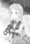  1girl absurdres bangs bare_shoulders blush elbow_gloves flower gloves greyscale highres kantai_collection leaf long_hair mae_(maesanpicture) monochrome neckerchief numbered puddle sailor_collar samidare_(kantai_collection) sleeveless smile solo swept_bangs twitter_username umbrella 