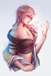  1girl amelion armlet asymmetrical_hair blue_eyes breasts cleavage crystal final_fantasy final_fantasy_xiii glowing highres jacket_off_shoulders lightning_farron navel navel_piercing off_shoulder piercing pink_hair solo square_enix stomach tattoo undressing unzipped upper_body 