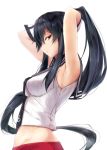  1girl armpits arms_up black_hair breasts gloves kantai_collection large_breasts long_hair looking_at_viewer midriff ponytail red_eyes school_uniform serafuku simple_background skirt solo suien white_background white_gloves yahagi_(kantai_collection) 