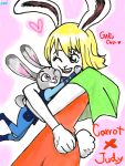  2girls animal_ears blonde_hair bunny_tail carrot carrot_(one_piece) crossover disney furry glomp heart hug judy_hopps multiple_girls one_eye_closed one_piece open_mouth police police_uniform policewoman rabbit rabbit_ears short_hair simple_background smile tail uniform zootopia 