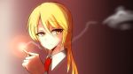  1girl aen030 blonde_hair cigarette formal highres kanbi_marisa kirisame_marisa looking_at_viewer necktie short_hair smoke solo touhou yellow_eyes 