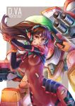  1girl absurdres bangs bodysuit breasts brown_eyes brown_hair d.va_(overwatch) facial_mark gloves headphones highres lips long_hair mecha neon_genesis_evangelion overwatch pilot_suit plugsuit smile solo whisker_markings zen_(jirakun) 