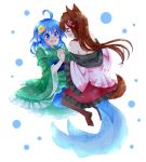  2girls absurdres ahoge animal_ears blue_eyes blue_hair brown_hair eye_contact fish_tail flower hair_flower hair_ornament head_fins highres holding_hands imaizumi_kagerou kuroshiroduet looking_at_another mermaid monster_girl multiple_girls off_shoulder open_mouth red_eyes tail touhou wakasagihime wolf_ears wolf_tail 