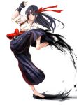  1girl barefoot blue_eyes blue_hair commentary_request dougi fighting_stance fingerless_gloves full_body gloves hair_down hakama headband highres homo_1121 japanese_clothes kicking long_hair ryuuko_no_ken solo the_king_of_fighters toudou_kasumi 