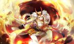  1girl 9_degrees_celsius blonde_hair earrings facial_mark fang fate/grand_order fate_(series) fire horns ibaraki_douji_(fate/grand_order) japanese_clothes jewelry kimono long_hair off_shoulder oni solo sword weapon yellow_eyes 