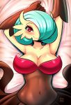  1girl alternate_color breasts cleavage covered_navel gardevoir green_hair kenron_toqueen looking_at_viewer lying mega_gardevoir mega_pokemon navel on_back pokemon pokemon_(creature) pokemon_(game) red_eyes shiny_pokemon solo stomach 