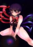  1girl absurdres adapted_costume alternate_costume asymmetrical_wings bare_arms bare_legs black_hair blush bodysuit highres houjuu_nue looking_at_viewer ochi_(7dr_rd7) pointy_ears red_eyes sitting sleeveless solo touhou wings 