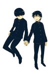  2boys :d arms_at_sides bangs black_hair black_pants black_shoes blunt_bangs bowl_cut brothers closed_mouth floating full_body gakuran hair_between_eyes holding_hands kageyama_ritsu kageyama_shigeo kakuu long_sleeves looking_at_another looking_to_the_side male_focus mob_psycho_100 multiple_boys open_mouth pants school_uniform shoes siblings simple_background smile standing white_background 