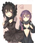  2girls akebono_(kantai_collection) azuhira backpack bag bell bikini black_bikini black_dress black_hair brown_eyes cosplay covering covering_breasts dress flower gothic_lolita haguro_(kantai_collection) hair_bell hair_flower hair_ornament hairband highres hood hoodie horn isolated_island_oni isolated_island_oni_(cosplay) jacket kantai_collection lolita_fashion lolita_hairband looking_at_viewer multiple_girls navel o-ring_top open_clothes open_jacket purple_hair re-class_battleship re-class_battleship_(cosplay) ribbon scarf short_hair side_ponytail spiral striped striped_scarf sweat swimsuit violet_eyes 