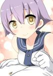  1girl absurdres admiral_(kantai_collection) artist_name bare_shoulders blush buttons ear gloves hair_between_eyes highres kantai_collection looking_at_viewer out_of_frame purple_hair ryuki_(ryukisukune) sakawa_(kantai_collection) school_uniform serafuku short_hair sleeveless smile white_gloves yellow_eyes 