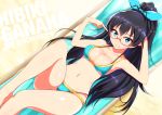  1girl bikini black_hair blue_eyes ganaha_hibiki glasses idolmaster lying ponytail sagamihara_sakyou swimsuit 