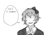  1girl :d artist_name bow closed_eyes collared_shirt commentary crying doki_doki_literature_club english facing_viewer greyscale hair_bow idk-kun jacket looking_at_viewer monochrome open_mouth sayori_(doki_doki_literature_club) shirt short_hair signature smile solo speech_bubble spoilers tears thumbnail_surprise transparent_background twitter_username upper_body wing_collar 