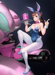  1girl animal_ears breasts bunnysuit cleavage d.va_(overwatch) finalcake headphones highres leotard looking_at_viewer overwatch rabbit_ears smile solo tray 