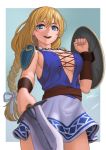  1girl :d belt blonde_hair blue_eyes blurry bracer braid breasts cleavage cowboy_shot dated depth_of_field foreshortening holding lasterk long_hair looking_at_viewer no_bra open_mouth shield sideboob signature single_braid skirt smile solo sophitia_alexandra soulcalibur soulcalibur_iv sword weapon wristband 