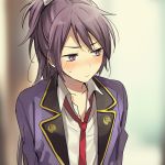 1boy :t blush fudou_yukimitsu highres male_focus necktie ponytail purple_hair touken_ranbu upper_body violet_eyes yuzudaze 