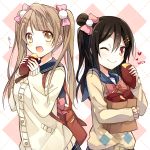 2girls a_(riduass023) alternate_hairstyle argyle argyle_background argyle_sweater bag black_hair bow brown_hair food hair_bow hairstyle_switch love_live!_school_idol_project minami_kotori multiple_girls one_eye_closed one_side_up open_mouth paper_bag red_eyes school_uniform smile sweater sweet_potato twintails yazawa_nico yellow_eyes 