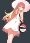  1girl bag blonde_hair character_request dress green_eyes grey_background hat highres hime_cut kinven long_hair looking_at_viewer open_mouth pokemon simple_background solo sun_hat 