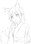 :3 animal_ears bangs blunt_bangs eyebrows eyebrows_visible_through_hair finger_to_cheek fox_ears fox_tail hand_up highres index_finger_raised japanese_clothes kimono long_hair looking_at_viewer monochrome niwatazumi original sketch slit_pupils smile tail wide_sleeves 