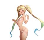  1girl :d bikini blue_eyes blue_hair breasts flower gradient_hair granblue_fantasy hair_flower hair_ornament io_euclase long_hair looking_at_viewer multicolored_hair open_mouth semein_0125 simple_background smile solo swimsuit twintails white_background white_bikini 