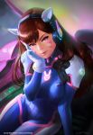  1girl artist_name bodysuit breasts brown_hair character_name cockpit commentary cowboy_shot d.va_(overwatch) eyebrows eyelashes facial_mark gloves head_rest headphones highres light_smile lips lipstick long_hair looking_at_viewer makeup mecha nose oliver_wetter overwatch pilot_suit pink_eyes pink_lipstick signature skin_tight solo watermark web_address whisker_markings white_gloves 