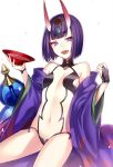  1girl :d alcohol breasts fangs fate/grand_order fate_(series) fuyuki_(neigedhiver) highres horns navel oni open_mouth purple_hair sakazuki sake short_hair shuten_douji_(fate/grand_order) simple_background smile solo violet_eyes white_background 