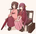  2girls bench boots bow brown_hair cross-laced_footwear drill_hair enu_(roco_roco44) floral_print gradient_hair hair_bow harukaze_(kantai_collection) high_heel_boots high_heels japanese_clothes kamikaze_(kantai_collection) kantai_collection kimono lace-up_boots long_hair looking_at_viewer meiji_schoolgirl_uniform multicolored_hair multiple_girls oriental_umbrella pink_hair pink_hakama pink_kimono purple_hair red_bow red_eyes red_hakama ribbon simple_background sitting suitcase twin_drills umbrella violet_eyes yellow_ribbon 
