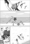  2girls bare_arms barefoot beach comic commentary_request crab dragging face_down falling folded_ponytail greyscale hair_ornament inazuma_(kantai_collection) kantai_collection lightning_bolt low_twintails meitoro monochrome multiple_girls no_pupils ocean on_front open_mouth school_swimsuit shaded_face shirayuki_(kantai_collection) short_twintails sweat swimsuit twintails 