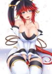 1girl bare_shoulders black_hair blue_eyes breast_squeeze breasts cherry_blossoms cleavage curvy high_ponytail highres large_breasts looking_at_viewer nanbu_kaguya open_mouth ponpo redhead smile solo super_robot_wars super_robot_wars_original_generation thick_thighs thighs white_legwear wide_hips