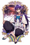  1boy looking_at_viewer magi_the_labyrinth_of_magic male_focus purple_hair sinbad_(magi) sitting smile yellow_eyes younger 