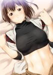  1girl bangs breasts brown_eyes brown_hair crop_top hakama hands_up highres ise_(kantai_collection) japanese_clothes kantai_collection looking_at_viewer lying midriff navel niwatazumi on_back on_bed pillow smile solo 