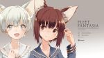  2girls :d alternate_costume animal_ears auburn_hair brown_eyes character_name collarbone grey_eyes hand_on_own_chest highres kantai_collection long_sleeves looking_at_viewer multiple_girls open_mouth ruisento short_hair silver_hair smile z1_leberecht_maass_(kantai_collection) z3_max_schultz_(kantai_collection) 