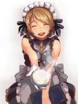  1girl ^_^ alternate_costume apron bangs between_breasts black_dress blonde_hair breast_squeeze breasts brown_hair buttons closed_eyes dress foge frilled_apron frills gloves hair_between_eyes hair_ribbon highres holding holding_bowl koizumi_hanayo looking_at_viewer love_live!_school_idol_project maid_headdress menu necktie necktie_between_breasts one_side_up open_mouth outstretched_arm ribbon rice_bowl short_hair smile solo steam swept_bangs waist_apron waitress white_apron white_background white_gloves yellow_necktie 