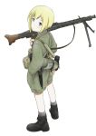  1girl alternate_costume bayonet blonde_hair blue_eyes boots canteen erica_hartmann from_above gun hand_in_pocket highres looking_at_viewer looking_back looking_up machine_gun magazine_(weapon) mg42 military military_uniform millimeter short_hair simple_background sling solo strike_witches uniform weapon white_background world_war_ii 