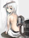  1girl :/ anchor_symbol bare_shoulders black_legwear blue_eyes cable flat_cap hair_between_eyes hammer_and_sickle hat hibiki_(kantai_collection) highres holding holding_hat kantai_collection long_hair miyabino_(miyabi1616) off_shoulder silver_hair sitting solo star thigh-highs tsurime verniy_(kantai_collection) wariza 