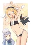  2girls :&lt; :3 animal_ears armpits arms_up bikini black_bikini blonde_hair blue_hair collarbone flat_chest fleur_de_lapin_uniform frilled_bikini frills gochuumon_wa_usagi_desu_ka? green_eyes jitome kafuu_chino kirima_sharo lolita_fashion long_hair long_sleeves looking_at_viewer multiple_girls navel navl niizuka_(c-drop) open_mouth rabbit_ears standing swimsuit tippy_(gochuumon_wa_usagi_desuka?) x_hair_ornament 