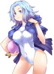  1girl blue_eyes blue_hair competition_swimsuit covered_navel hood hooded_jacket jacket kumoi_ichirin mendou_saya one-piece_swimsuit open_clothes open_jacket solo swimsuit touhou 