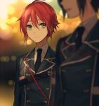  2boys black_hair blurry depth_of_field green_eyes highres male_focus military military_uniform multiple_boys necktie open_mouth redhead shinano_toushirou smile touken_ranbu uniform upper_body yagen_toushirou yuzudaze 