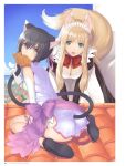  2girls :3 :o animal_ears artist_name bare_legs bare_shoulders bent_over black_dress black_hair black_shoes blonde_hair border bow bowtie breasts brown_eyes bun_cover cat_ears cat_tail china_dress chinese_clothes city cleavage closed_mouth cookie downblouse dress elbow_gloves fishnets food fox_ears fox_tail from_behind gloves hair_bun hanging_breasts highres house juliet_sleeves long_sleeves looking_at_viewer looking_back lorna_(shining_hearts) maid maid_headdress mouth_hold multiple_girls no_legwear number open_clothes outdoors page_number panties puffy_sleeves purple_bow purple_dress red_bow red_bowtie round_teeth shaomei_rin shining_(series) shining_hearts shining_world shoe_soles shoes short_hair side-tie_panties sidelocks sitting sleeveless sleeveless_dress smile standing tail tanaka_takayuki teeth thighs tile_roof underwear v_arms wariza white_apron white_border white_bow white_gloves white_panties 
