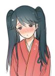  alternate_hairstyle anchor_print bangs black_hair blush commentary_request eyebrows eyebrows_visible_through_hair grey_eyes hinya_(wabi) houshou_(kantai_collection) japanese_clothes kantai_collection kimono long_hair looking_to_the_side parted_lips sketch sweatdrop twintails 