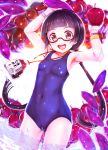  1girl amayadori_machi apple bespectacled black_hair blush brown_eyes covered_navel food fruit glasses kumamiko long_hair looking_at_viewer mushroom one-piece_swimsuit open_mouth semi-rimless_glasses small_breasts solo swimsuit teruru twintails watch watch 