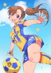  1girl ball blush breasts brown_eyes brown_hair clouds commentary_request flying_sweatdrops futami_mami hair_bobbles hair_ornament highres idolmaster inoue_sora kneehighs long_hair looking_at_viewer open_mouth shirt shorts side_ponytail sky smile soccer soccer_ball soccer_uniform solo sportswear star striped sweat vegalta_sendai 