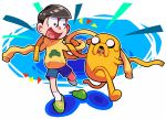  2boys adventure_time awabuta black_hair color_connection crossover full_body jake locked_arms male_focus matsuno_juushimatsu multiple_boys open_mouth osomatsu-kun osomatsu-san shorts single_shoe sleeves_past_wrists slippers smile socks sweater tongue 