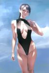  1girl arm_at_side bare_arms bare_legs bare_shoulders black_swimsuit blue_sky breasts cleavage cleavage_cutout contrapposto cowboy_shot day grey_eyes groin half-closed_eyes hand_up head_tilt large_breasts long_hair looking_at_viewer one-piece_swimsuit original outdoors sgk silver_hair sky solo swimsuit thigh_gap 