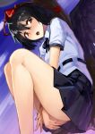  1girl :o ass bare_legs between_legs black_bow black_bowtie black_hair black_skirt black_wings blush bow bowtie collared_shirt covering covering_crotch from_below hair_between_eyes hand_between_legs hat inner_miniskirt looking_at_viewer looking_down miniskirt no_panties nose_blush open_mouth puffy_short_sleeves puffy_sleeves red_eyes red_hat shameimaru_aya shirt short_hair short_sleeves skirt solo taketora_suzume tassel tengu tokin_hat touhou upskirt white_shirt wing_collar wings 