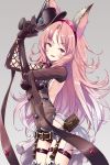  1girl :d animal_ears armpits bangs belt belt_pouch black_gloves blush breasts cape cat_ears catharine_(granblue_fantasy) cowboy_shot cross-laced_clothes eyebrows eyebrows_visible_through_hair garter_straps gloves gradient gradient_background granblue_fantasy grey_background gun hair_between_eyes hairband hama_chon hands_up hat highres holding holding_gun holding_weapon leotard light_particles long_hair looking_at_viewer mini_hat mini_top_hat open_mouth pink_eyes pink_hair red_eyes sidelocks simple_background smile solo top_hat waist_cape weapon 