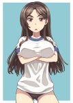  1girl breasts brown_eyes brown_hair buruma crossed_arms fukiyose_seiri gym_uniform highres jinrai_(owl12) long_hair parted_lips solo to_aru_majutsu_no_index 