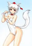  1girl animal_ears bare_legs bare_shoulders blush breasts bunnysuit cleavage gradient gradient_background hat inubashiri_momiji large_breasts looking_at_viewer red_eyes short_hair silver_hair solo tail tokin_hat touhou wolf_ears wolf_tail 