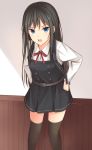  1girl asashio_(kantai_collection) belt black_hair black_legwear blue_eyes buttons commentary_request dress eyebrows hands_on_hips highres kanpyo_(hghgkenfany) kantai_collection long_hair long_sleeves looking_at_viewer neck_ribbon open_mouth pinafore_dress red_ribbon remodel_(kantai_collection) ribbon short_dress solo thigh-highs zettai_ryouiki 